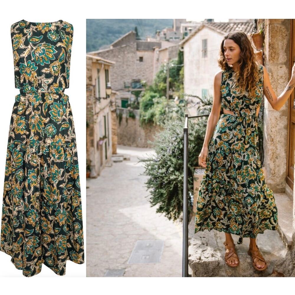 L'Atelier London Green Yellow Paisley Floral Block Print Open Back Maxi Dress